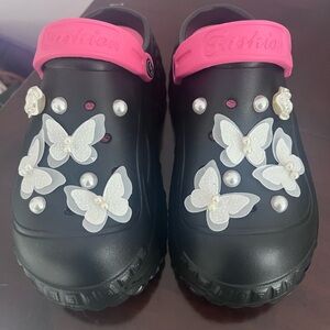 Black Clogs with Pink Strap and Butterfly Accents